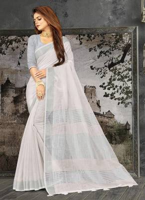 white linen cotton woven zari work tassel saree 1