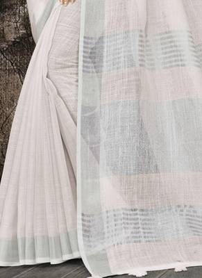 white linen cotton woven zari work tassel saree 3
