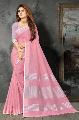 light pink linen cotton woven zari work tassel saree