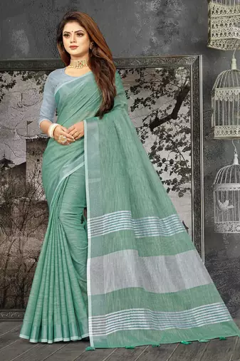 sea green linen cotton woven zari work tassel saree