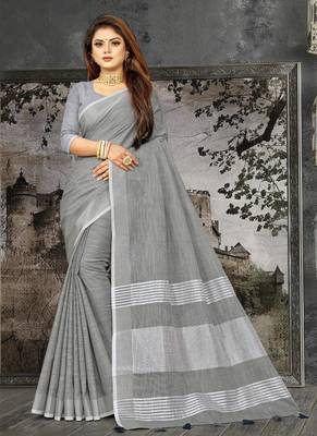dark grey linen cotton woven zari work tassel saree 1