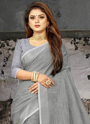 dark grey linen cotton woven zari work tassel saree 2