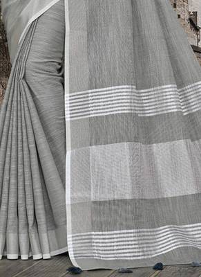 dark grey linen cotton woven zari work tassel saree 3