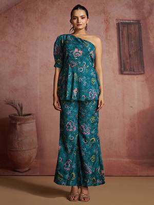 Teal Floral one-shoulder peplum top and pants set 1