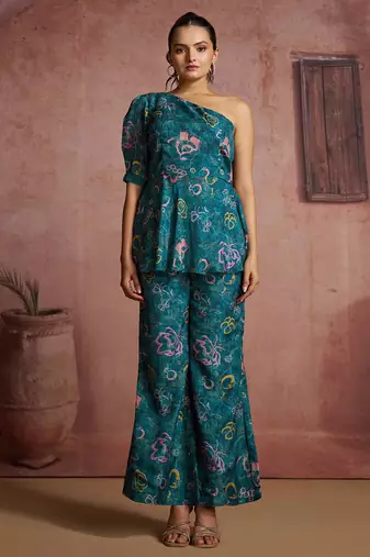 Teal Floral one-shoulder peplum top and pants set