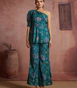 Teal Floral one-shoulder peplum top and pants set