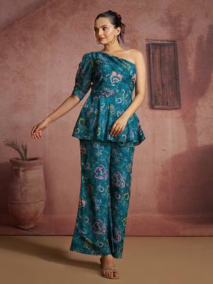 Teal Floral one-shoulder peplum top and pants set 2