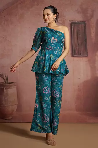 Teal Floral one-shoulder peplum top and pants set