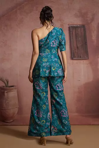 Teal Floral one-shoulder peplum top and pants set