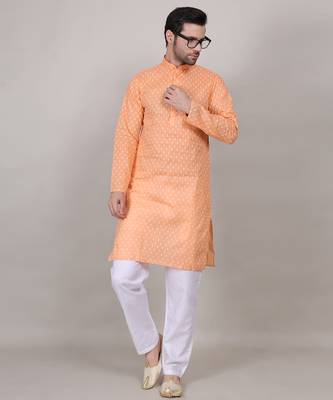 Peach self weaving cotton straight kurta 1
