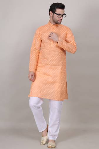 Peach self weaving cotton straight kurta