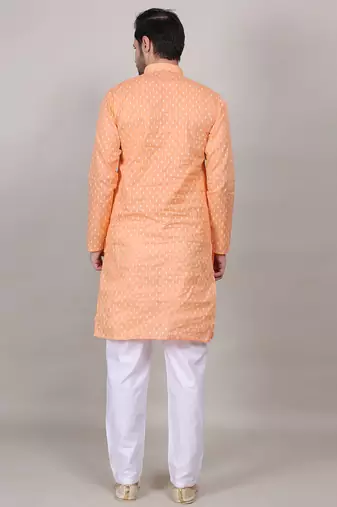 Peach self weaving cotton straight kurta