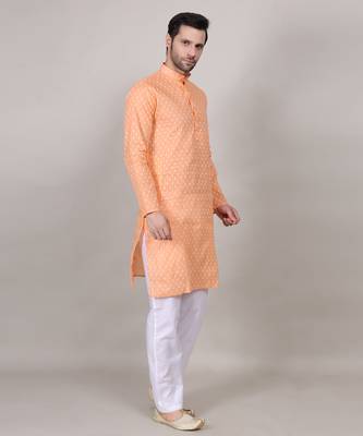 Peach self weaving cotton straight kurta 4