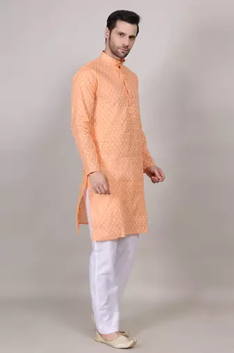 Peach self weaving cotton straight kurta