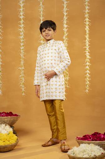 Embroidered off-white kurta and mustard coloured pant