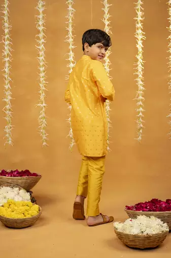 Yellow kurta with golden buti and pant