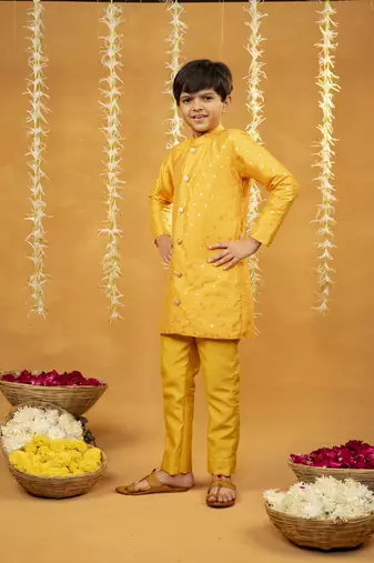 Yellow kurta with golden buti and pant