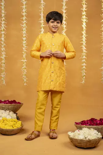 Yellow kurta with golden buti and pant