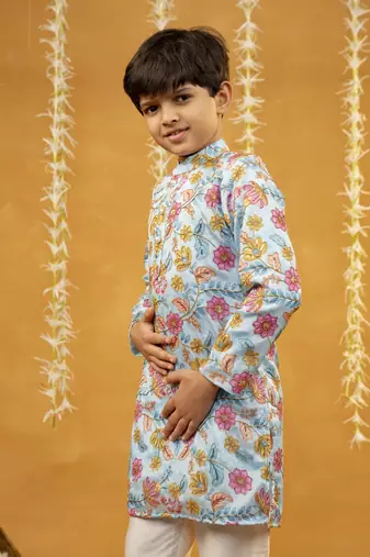 Flower embroidered sky blue kurta and pant