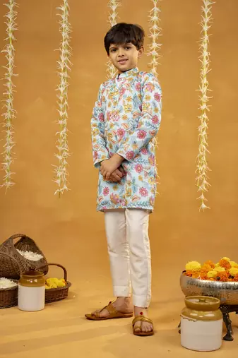 Flower embroidered sky blue kurta and pant