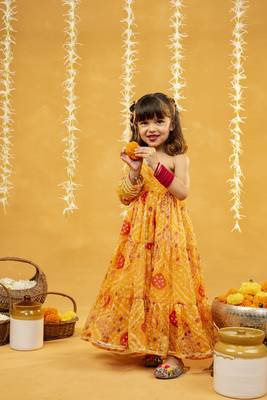 Yellow bandhni printed gathered one shoulder full sleeve dress 1