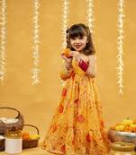 Yellow bandhni printed gathered one shoulder full sleeve dress