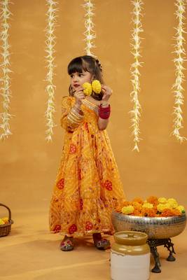 Yellow bandhni printed gathered one shoulder full sleeve dress 2