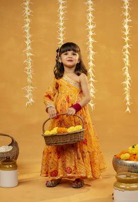 Yellow bandhni printed gathered one shoulder full sleeve dress 4