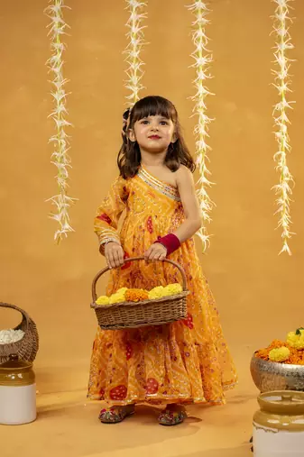 Yellow bandhni printed gathered one shoulder full sleeve dress