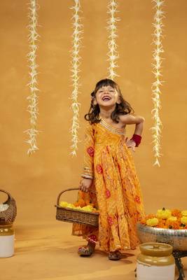 Yellow bandhni printed gathered one shoulder full sleeve dress 5