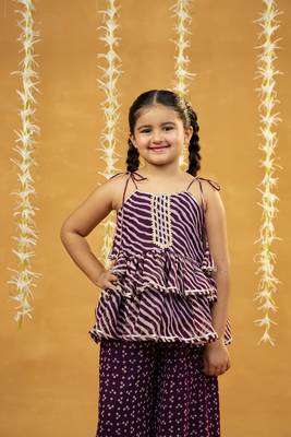 Purple bandhni and leheriya printed tie-up straps peplum top and flared palazzo 1