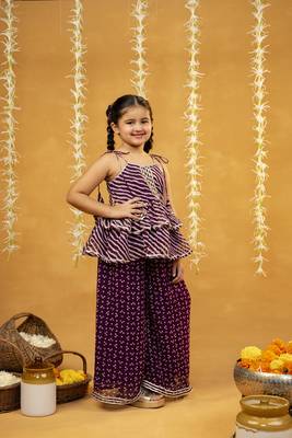 Purple bandhni and leheriya printed tie-up straps peplum top and flared palazzo 4