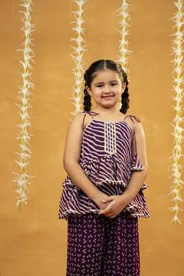 Purple bandhni and leheriya printed tie-up straps peplum top and flared palazzo 5