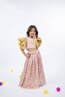 Golden patch and mirror handworked ruffled sleeve light pink top with golden striped light pink bottom 1