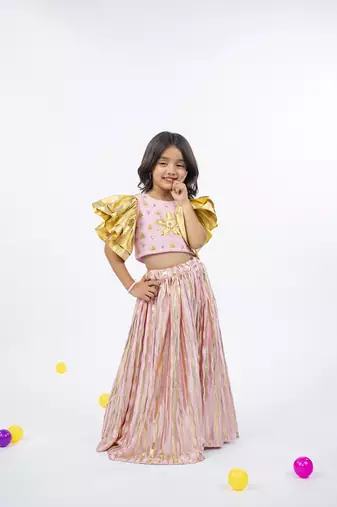 Golden patch and mirror handworked ruffled sleeve light pink top with golden striped light pink bottom