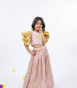 Golden patch and mirror handworked ruffled sleeve light pink top with golden striped light pink bottom