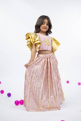 Golden patch and mirror handworked ruffled sleeve light pink top with golden striped light pink bottom 2