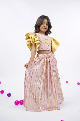 Golden patch and mirror handworked ruffled sleeve light pink top with golden striped light pink bottom