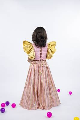 Golden patch and mirror handworked ruffled sleeve light pink top with golden striped light pink bottom 3
