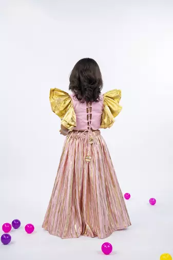 Golden patch and mirror handworked ruffled sleeve light pink top with golden striped light pink bottom