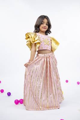 Golden patch and mirror handworked ruffled sleeve light pink top with golden striped light pink bottom 4