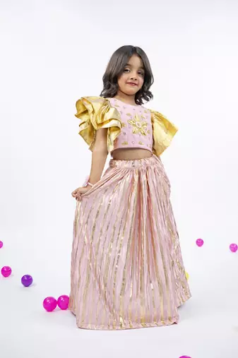 Golden patch and mirror handworked ruffled sleeve light pink top with golden striped light pink bottom