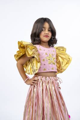 Golden patch and mirror handworked ruffled sleeve light pink top with golden striped light pink bottom 5