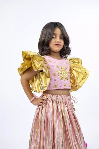 Golden patch and mirror handworked ruffled sleeve light pink top with golden striped light pink bottom