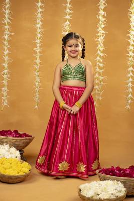 Green banarasi brocade top and golden lotus patch work lehenga 1