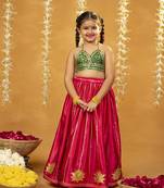 Green banarasi brocade top and golden lotus patch work lehenga