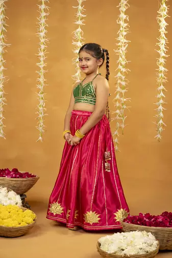 Green banarasi brocade top and golden lotus patch work lehenga
