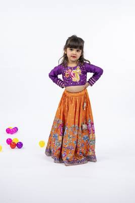 Elephant and peacock hand work purple full sleeve top with kalamkari embroidered orange lehenga 1