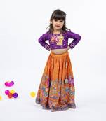 Elephant and peacock hand work purple full sleeve top with kalamkari embroidered orange lehenga