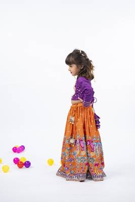 Elephant and peacock hand work purple full sleeve top with kalamkari embroidered orange lehenga 2